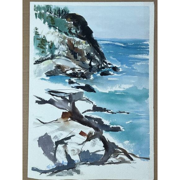 Beautiful Vintage Water Color Painting art. Cliffs,Water, Woods. Nature. signed - Picture 1 of 9